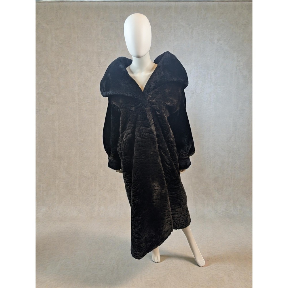 Vintage Monterey Fashions Coat Womens Small Black Faux Fur Full Length 80s